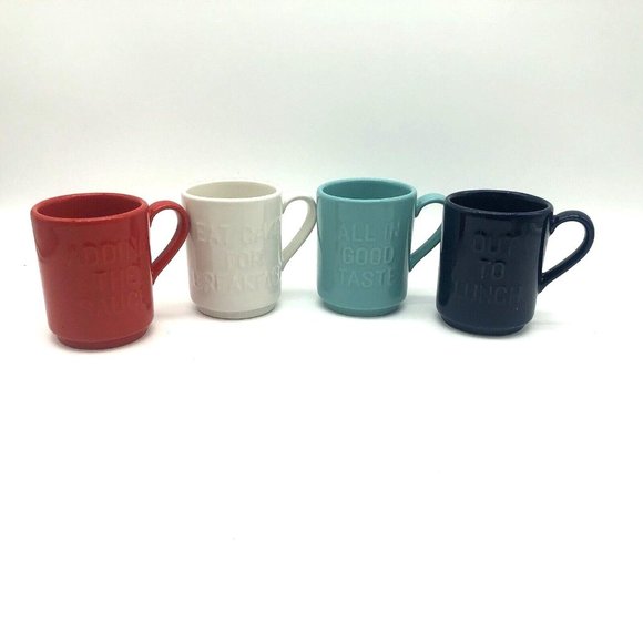 Kate Spade Embossed Stacking Coffee Mug Lenox NY Set of 4 Red, Blue, White, Blue - Picture 1 of 9